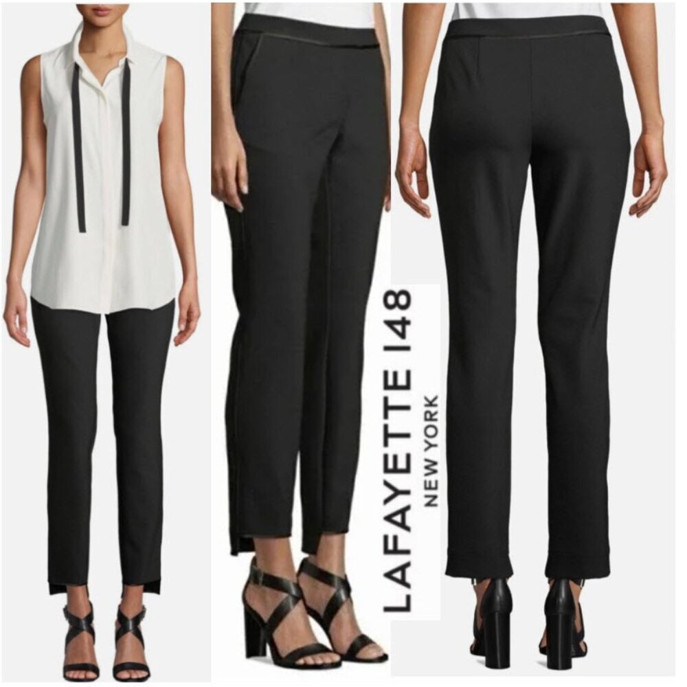Lafayette 148 NY Manhattan Step Hem Black Pants Satin Trim Stretch Size 2 Chic